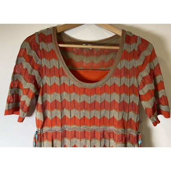 M by Missoni Dress Fit Flare Knit Tie Zig Zag Brown Teal Orange S *no size tag* - Picture 2 of 5